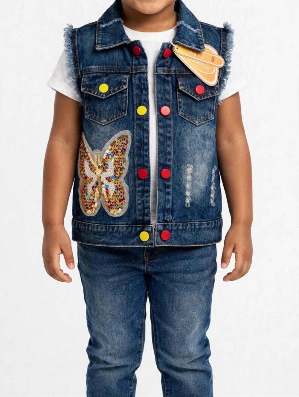 Mud Kingdom 100 Kids Denim Vest with Sequin Butterfly Only Vest Not Pants